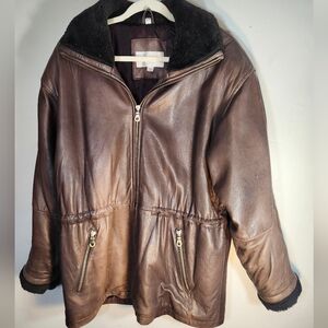 Andrew Marc Thermo Soft Brown Leather Jacket with Faux Fur Collar & Cuffs Sz S